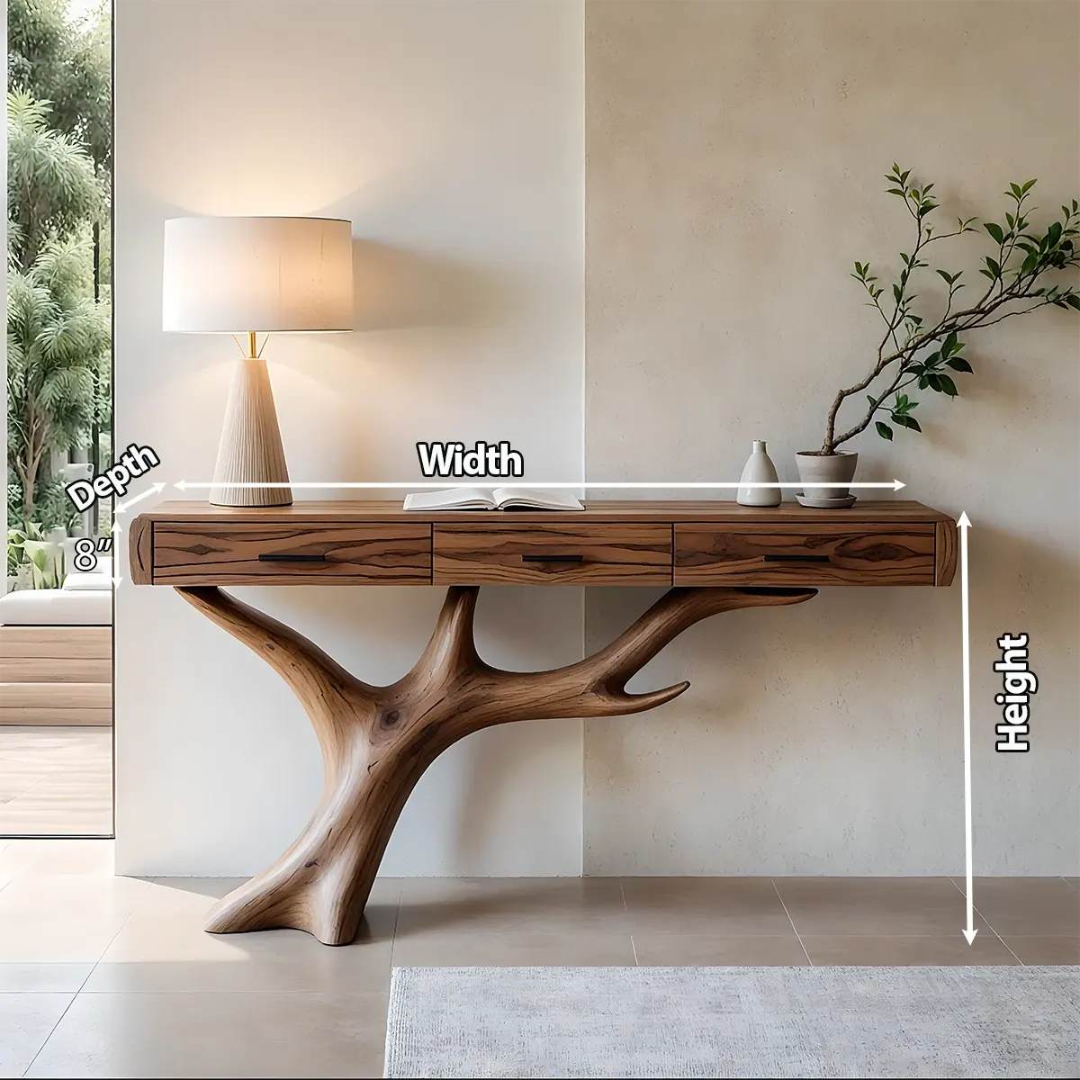 Solid Wood Console Table with Branch-Sculpted Base & Drawers - Rustira