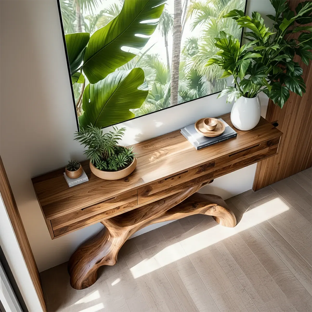 Solid Wood Console Table with Branch-Sculpted Base & Drawers - Rustira