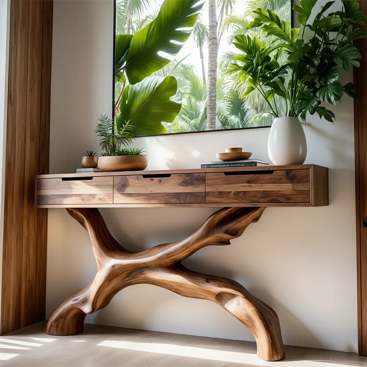 Solid Wood Console Table with Branch-Sculpted Base & Drawers - Rustira