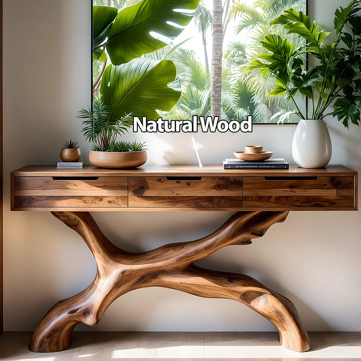 Solid Wood Console Table with Branch-Sculpted Base & Drawers - Rustira