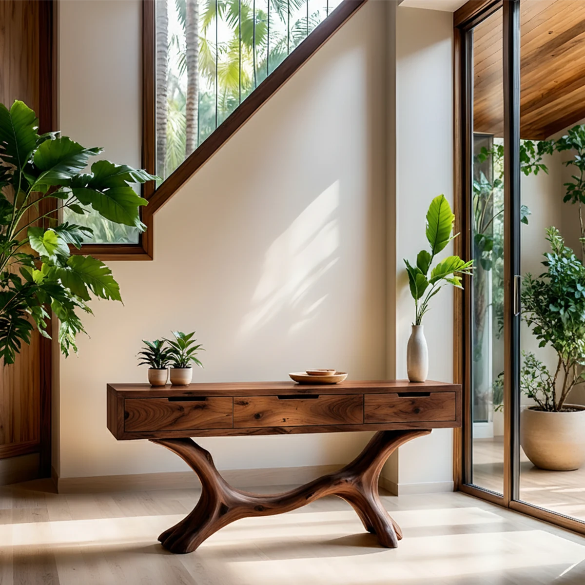 Solid Wood Console Table with Branch-Sculpted Base & Three Drawers - Rustira