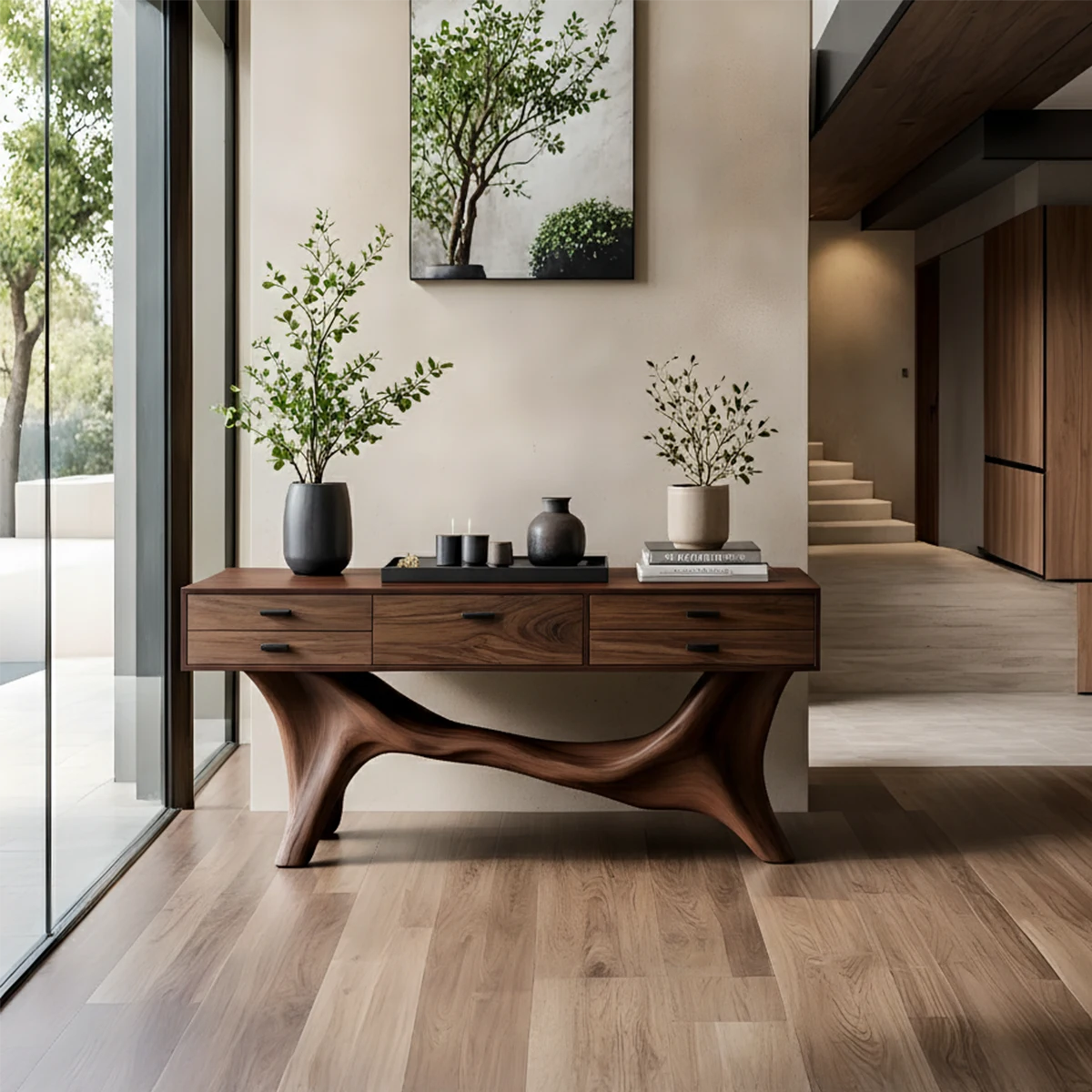 Solid Wood Console Table with Curved Branch Base & Drawers - Rustira