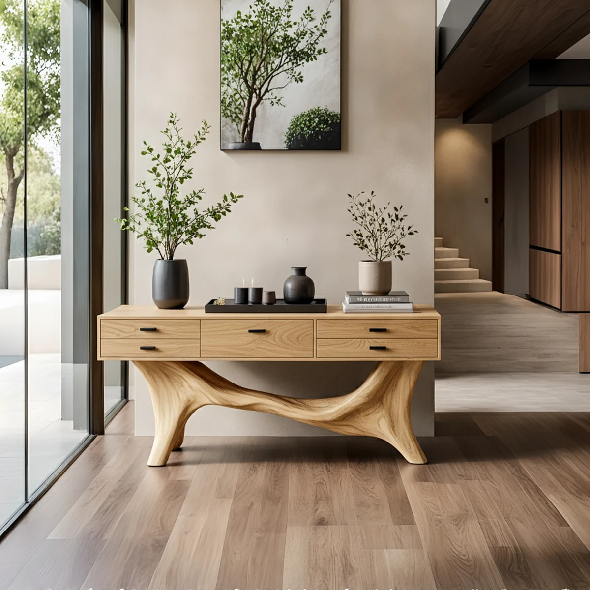 Solid Wood Console Table with Curved Branch Base & Drawers - Rustira