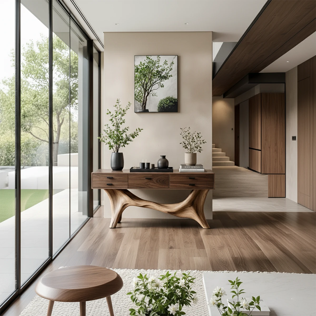 Solid Wood Console Table with Curved Branch Base & Drawers - Rustira