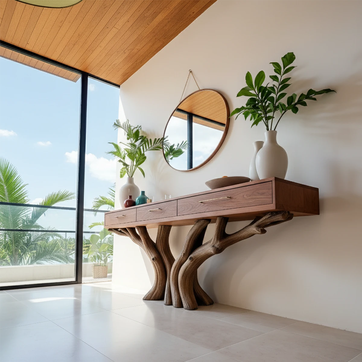 Solid Wood Console Table with Double Tree-Root Sculptural Base & Drawers - Rustira