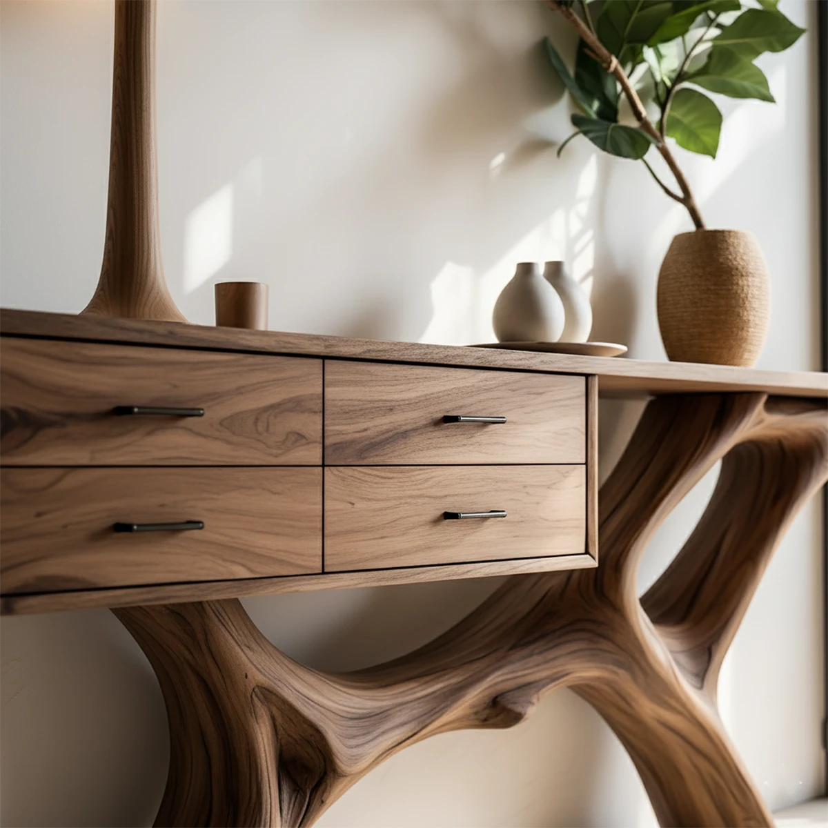 Solid Wood Console Table with Fluid Sculptural Base & Drawers - Rustira