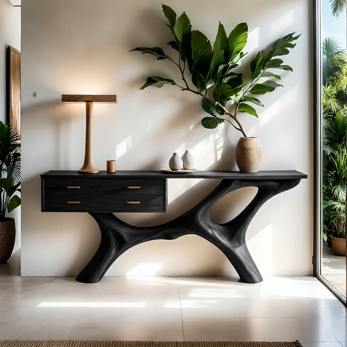 Solid Wood Console Table with Fluid Sculptural Base & Drawers - Rustira