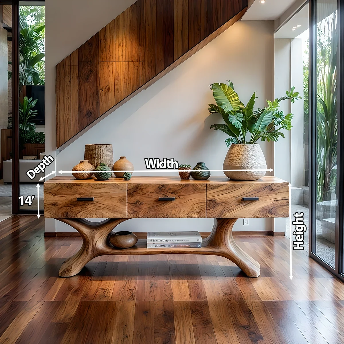 Solid Wood Console Table with Organic Sculptural Base & Drawers - Rustira