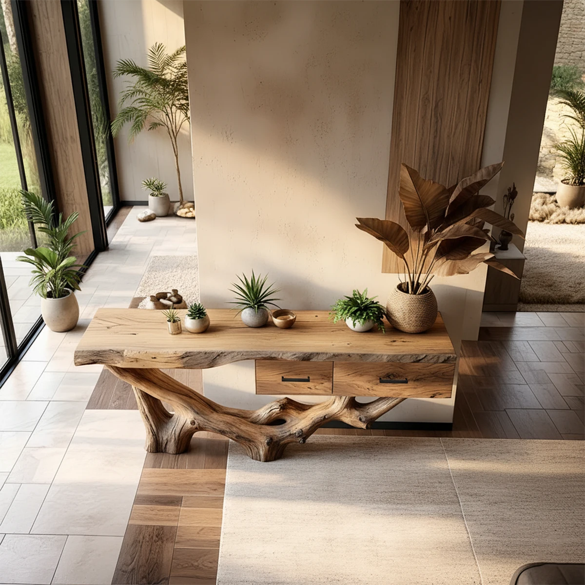 Solid Wood Console Table with Raw-Edge Top & Sculpted Root-Form Base - Rustira