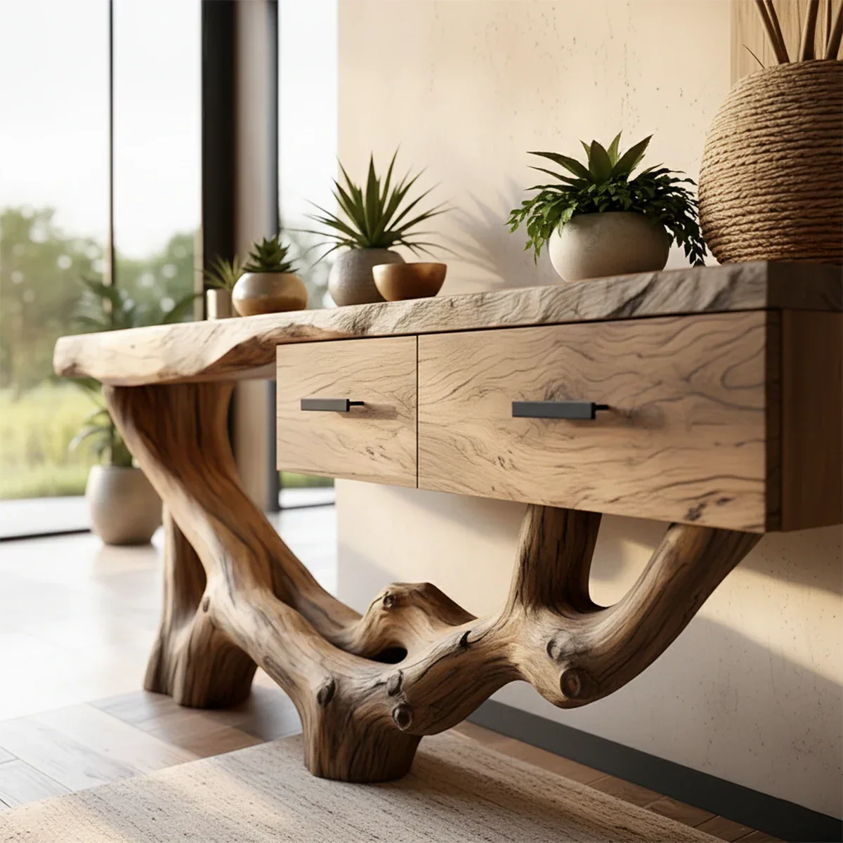 Solid Wood Console Table with Live-Edge Inspired Organic Base – Rustira