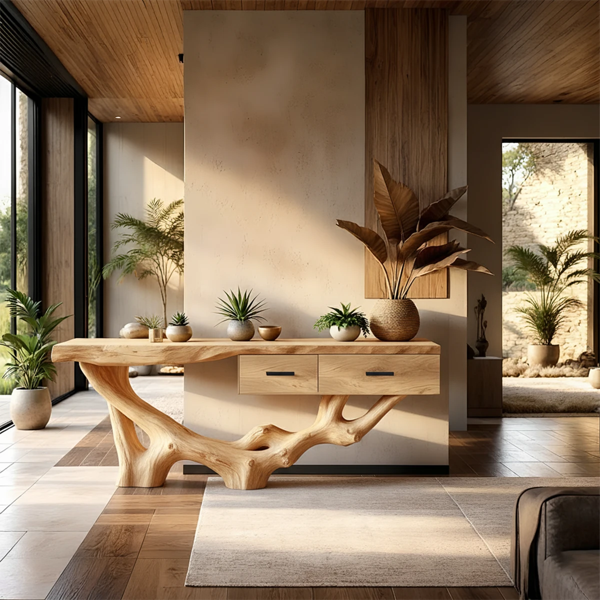 Solid Wood Console Table with Raw-Edge Top & Sculpted Root-Form Base - Rustira