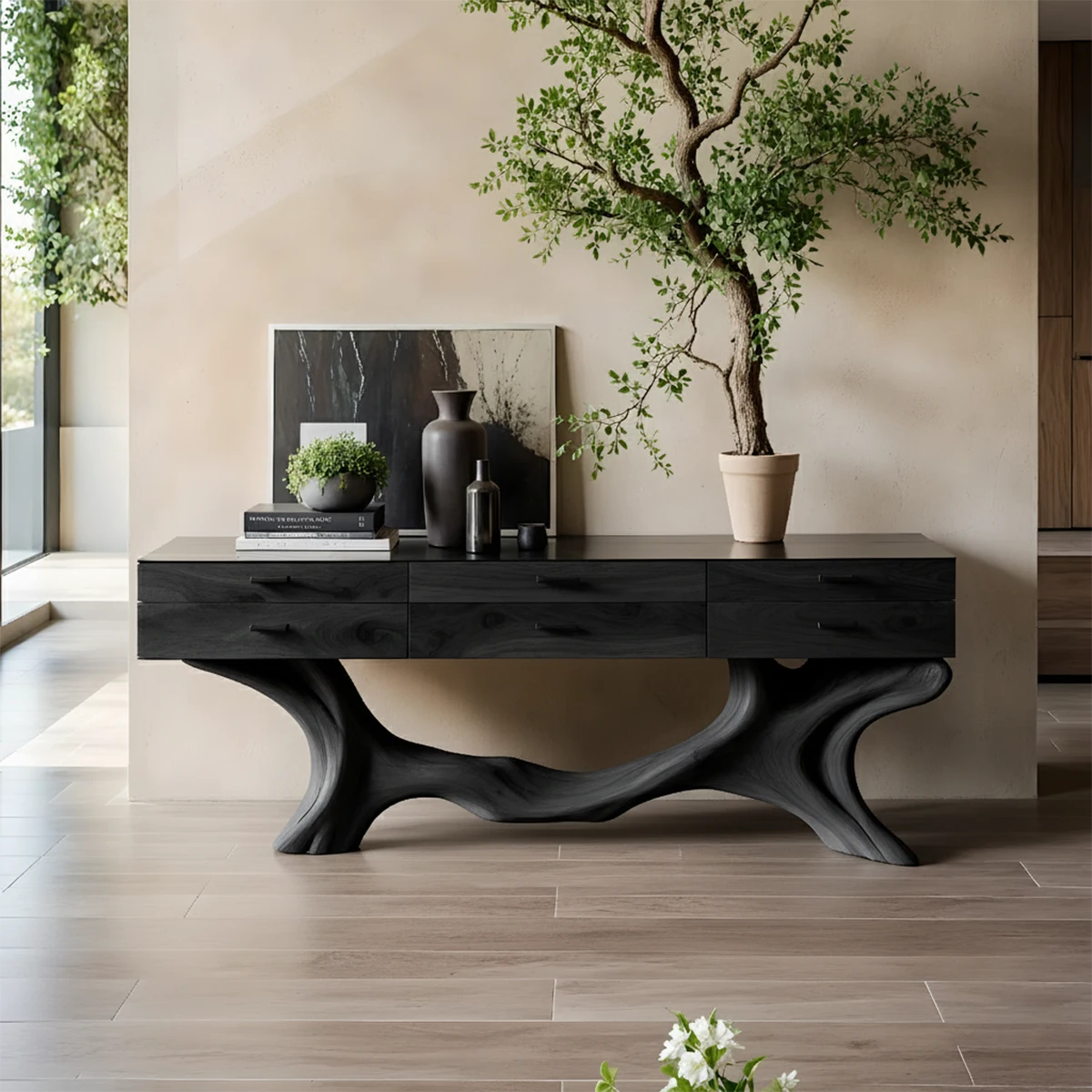 Solid Wood Console Table with Sculpted Branch-Form Base & Drawers - Rustira