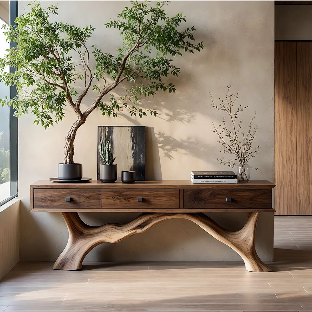 Solid Wood Console Table with Sculpted Root-Inspired Base & Drawers - Rustira