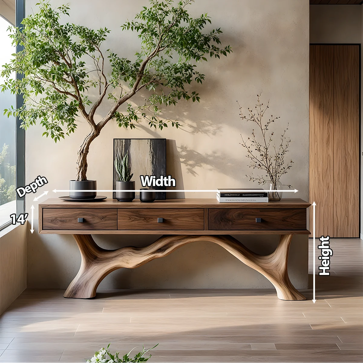 Solid Wood Console Table with Sculpted Root-Inspired Base & Drawers - Rustira