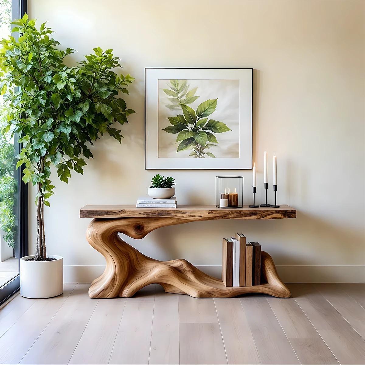 Solid Wood Console Table with Sculpted Wave-Form Base - Rustira