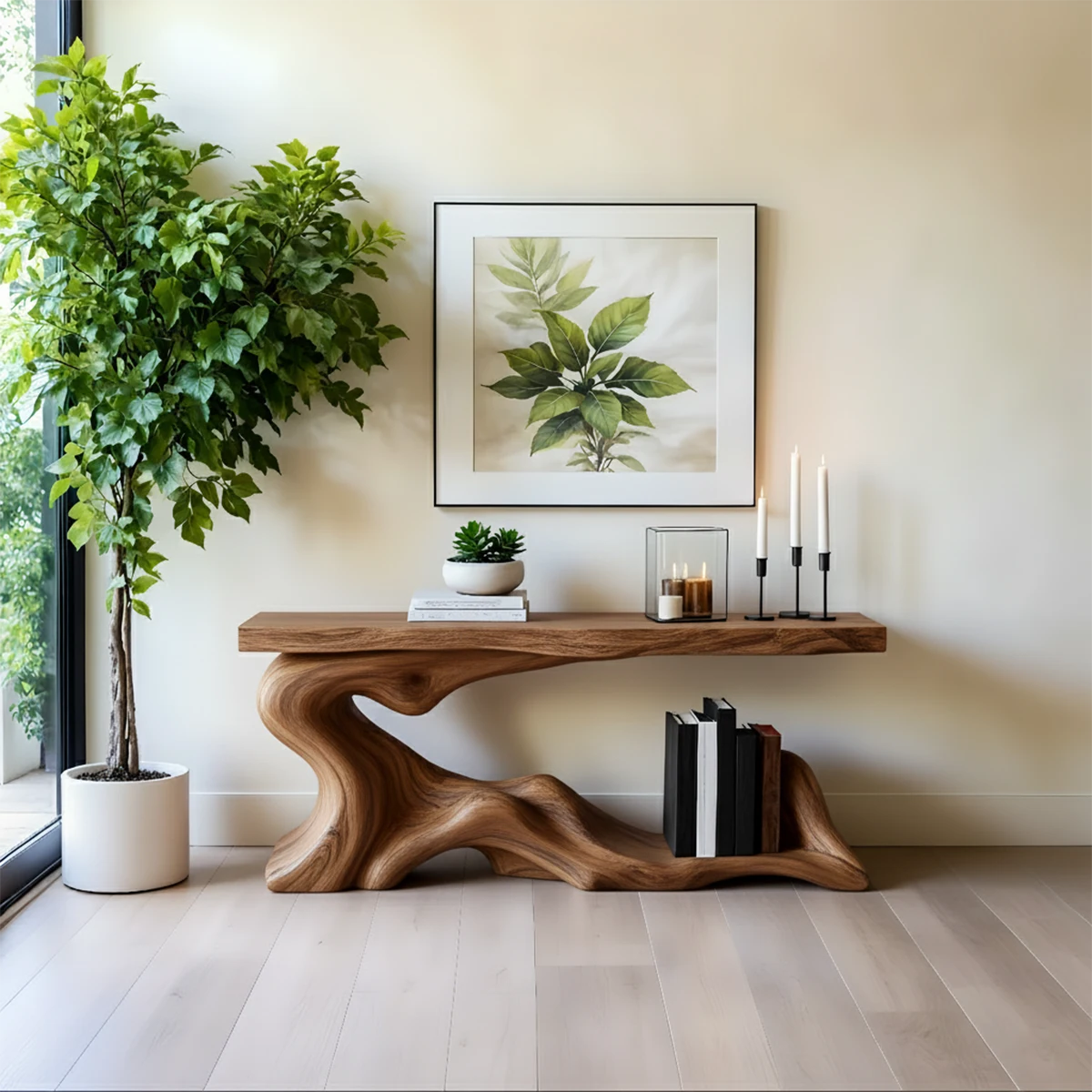 Solid Wood Console Table with Sculpted Wave-Form Base - Rustira