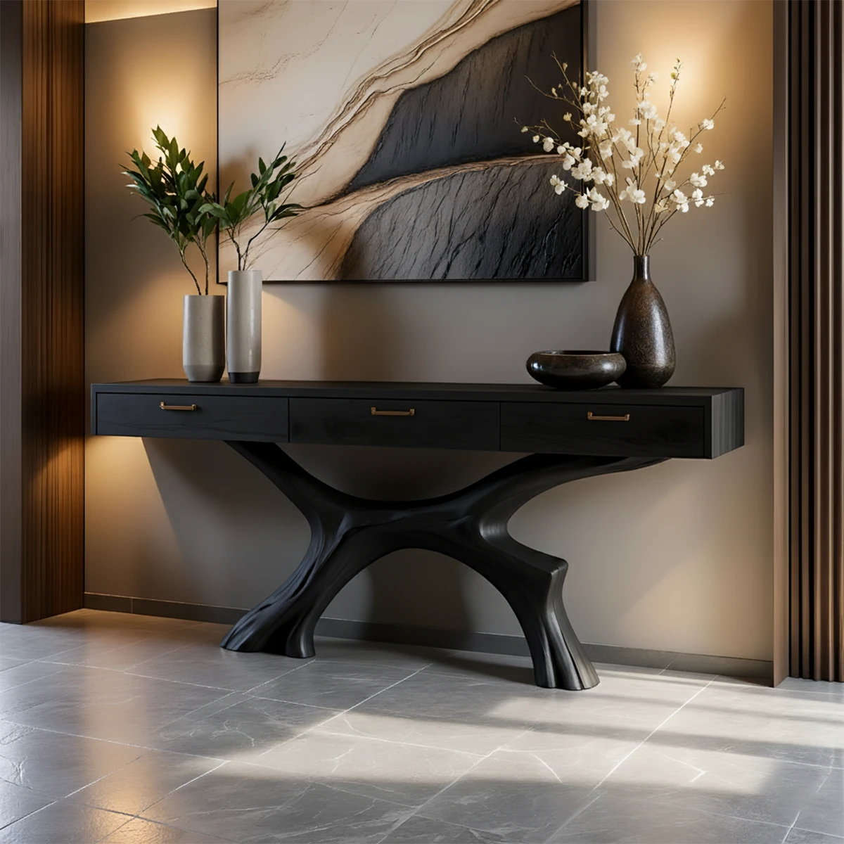 Solid Wood Console Table with Sculptural Branch-Form Base & Drawers - Rustira