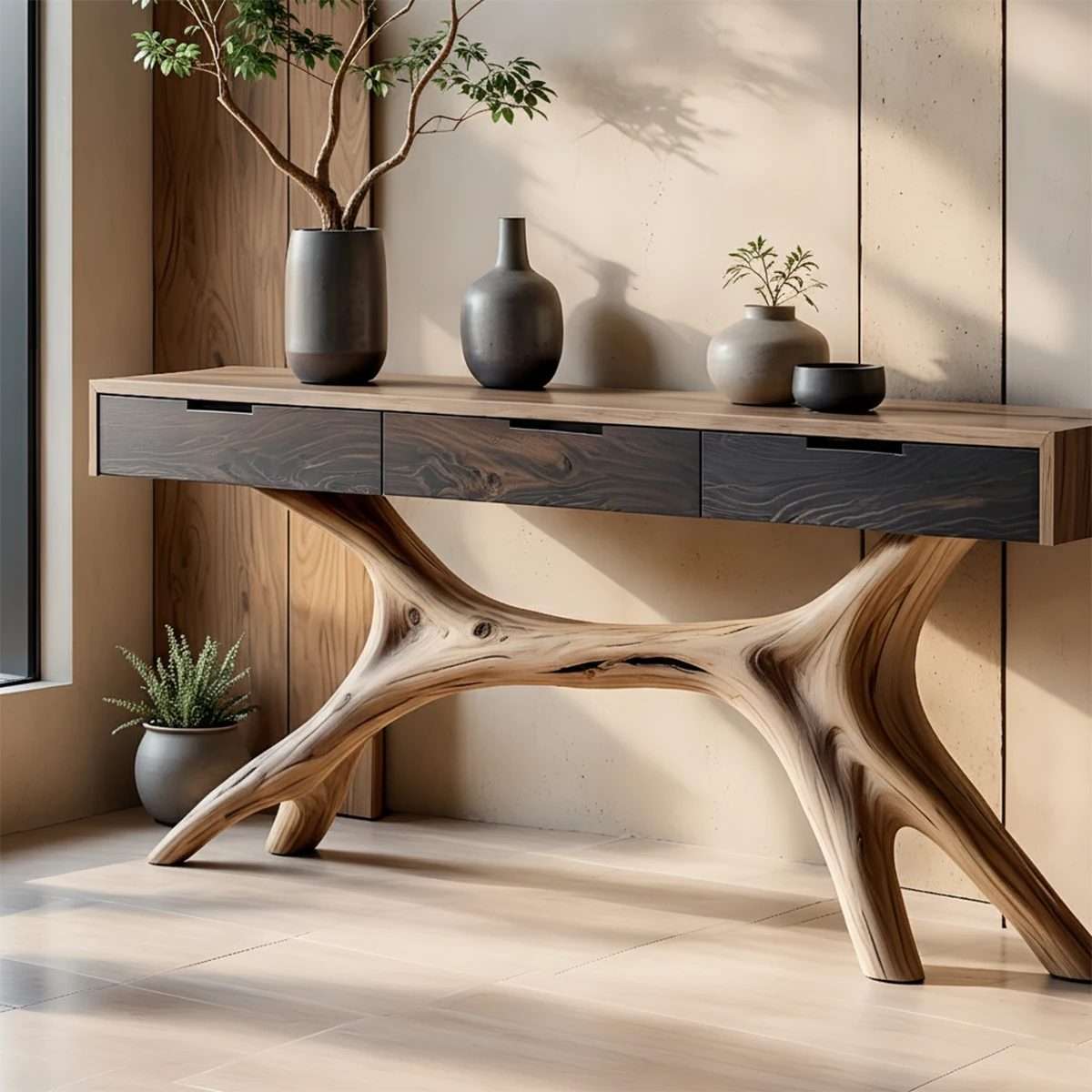 Solid Wood Console Table with Sculptural Branch-Form Base & Drawers - Rustira