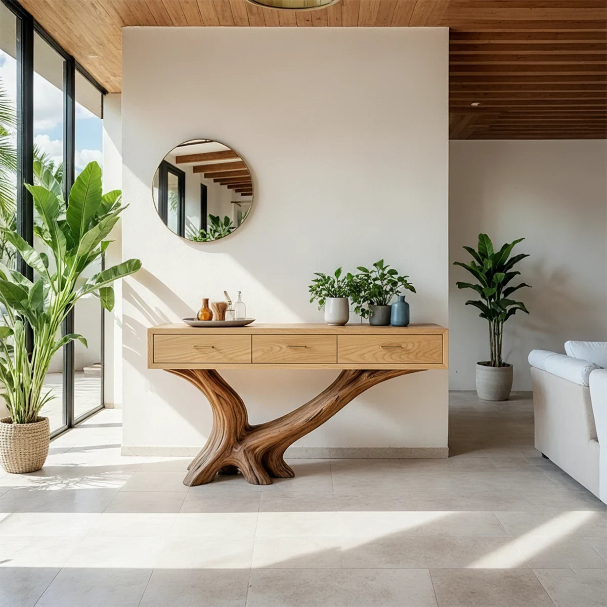 Solid Wood Console Table with Sculptural Natural Base & Drawers - Rustira