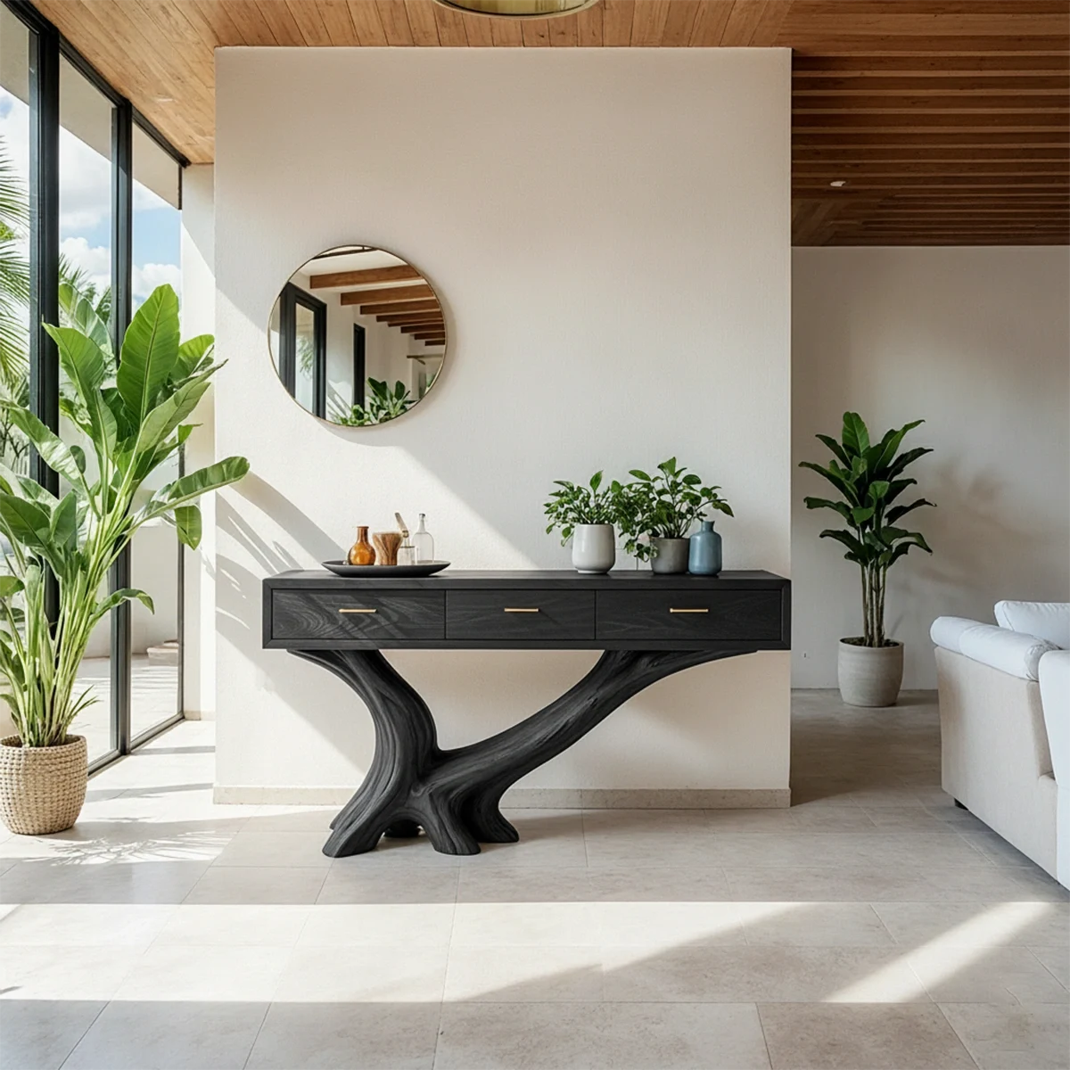 Solid Wood Console Table with Sculptural Natural Base & Drawers - Rustira