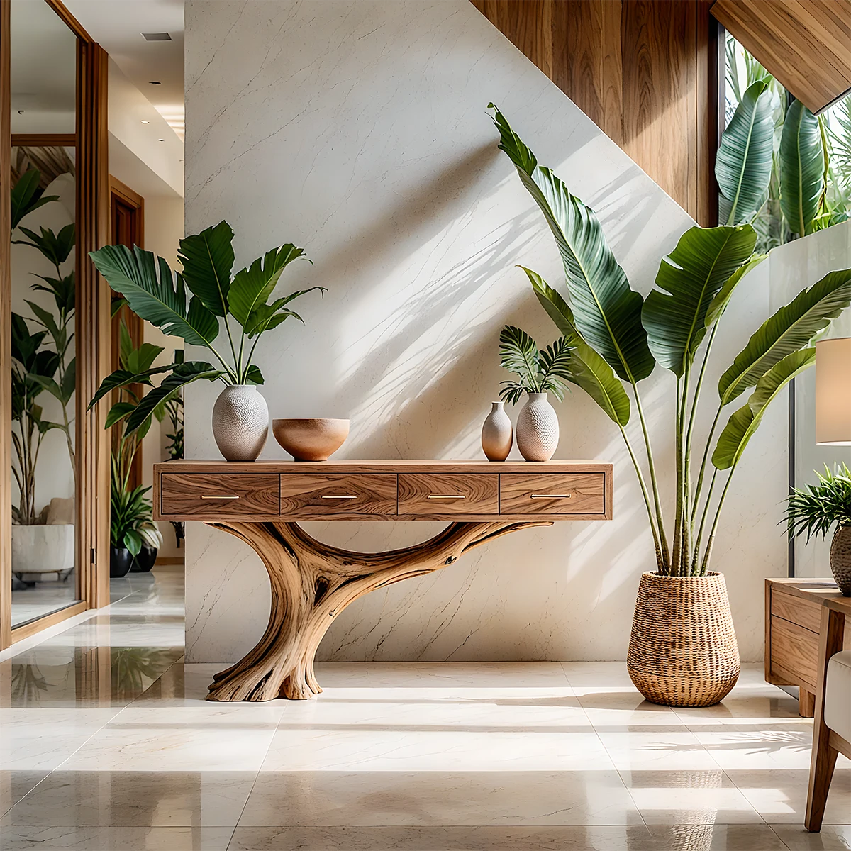 Solid Wood Console Table with Sculptural Tree-Inspired Base & Drawers - Rustira