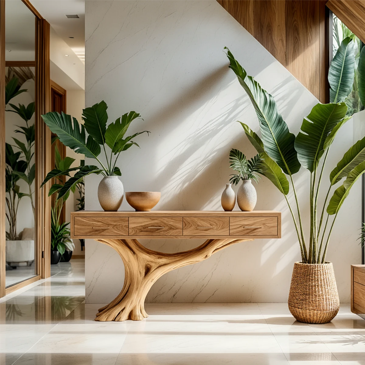 Solid Wood Console Table with Sculptural Tree-Inspired Base & Drawers - Rustira