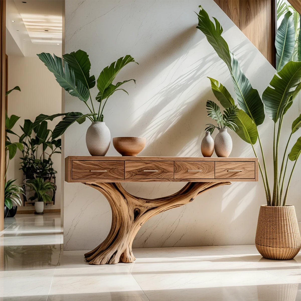 Solid Wood Console Table with Sculptural Tree-Inspired Base & Drawers - Rustira