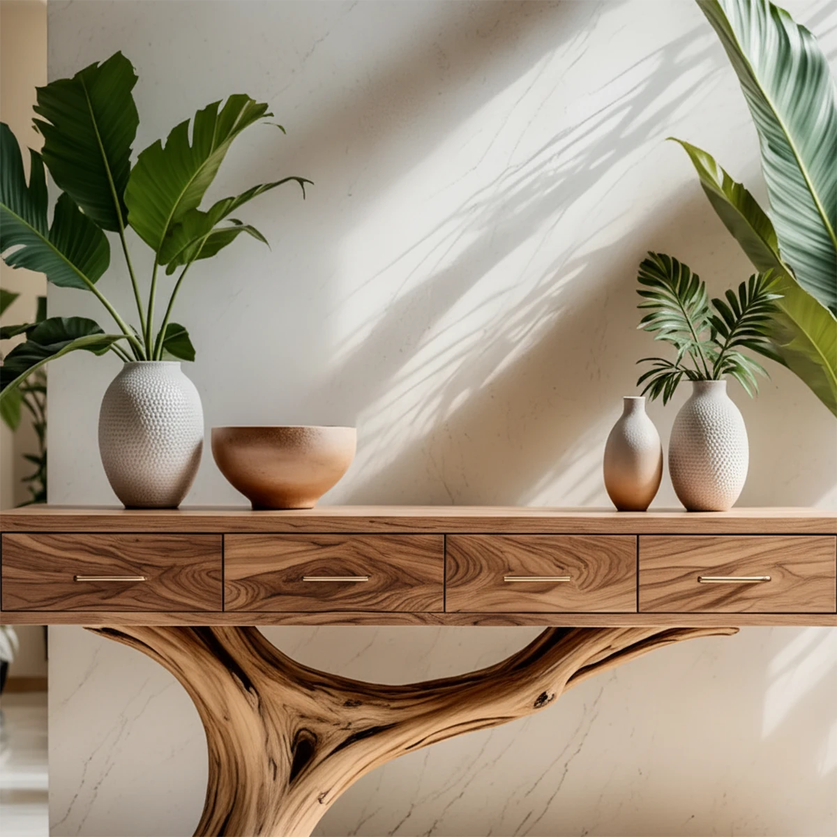 Solid Wood Console Table with Sculptural Tree-Inspired Base & Drawers - Rustira