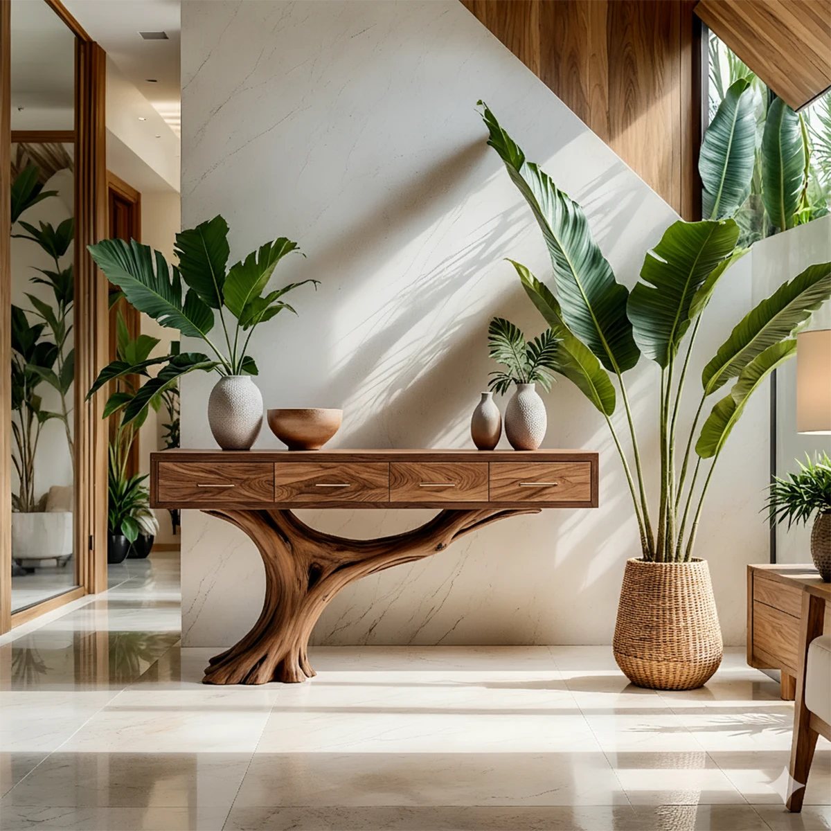 Solid Wood Console Table with Sculptural Tree-Inspired Base & Drawers - Rustira