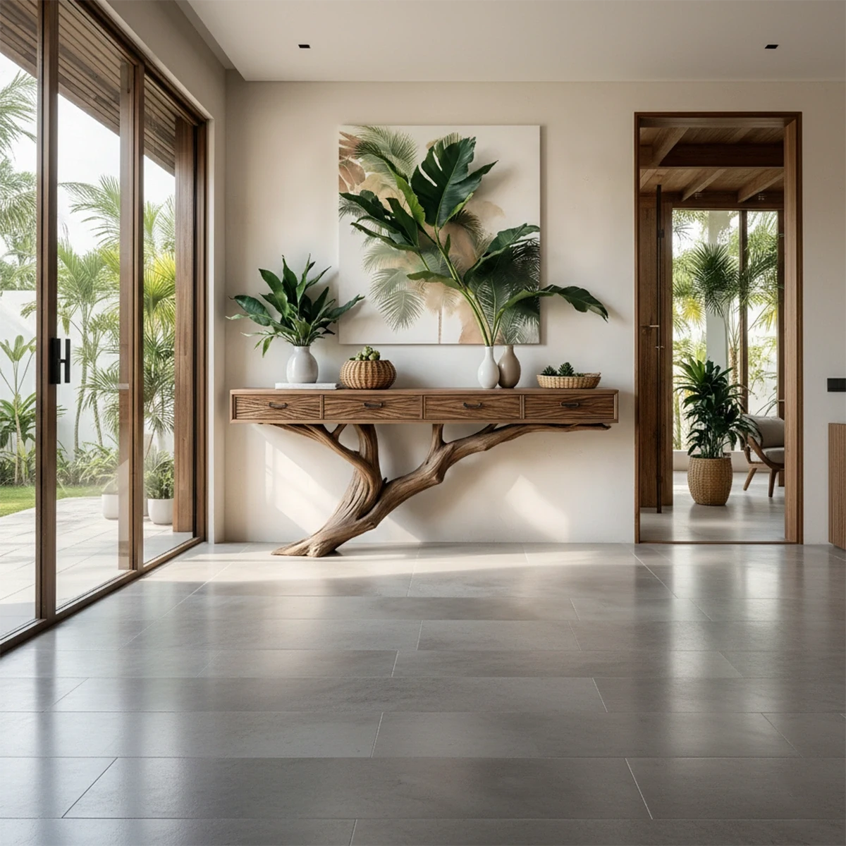 Solid Wood Console Table with Tree-Inspired Sculptural Base & Drawers - Rustira