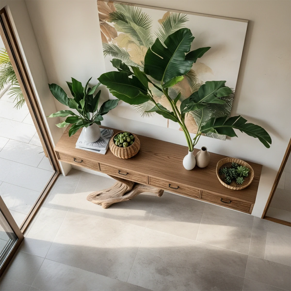 Solid Wood Console Table with Tree-Inspired Sculptural Base & Drawers - Rustira