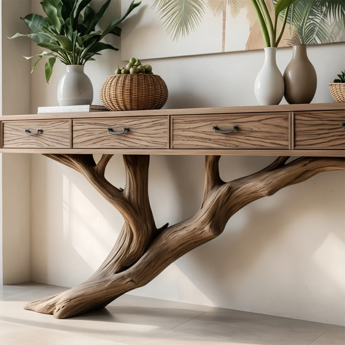 Solid Wood Console Table with Tree-Inspired Sculptural Base & Drawers - Rustira