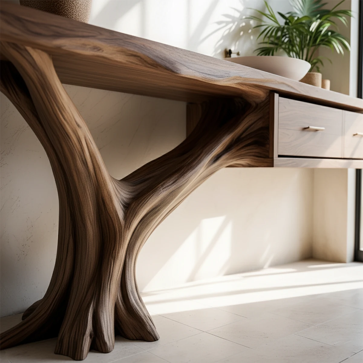 Solid Wood Console Table with Tree-Root Sculptural Base & Dual Drawers - Rustira