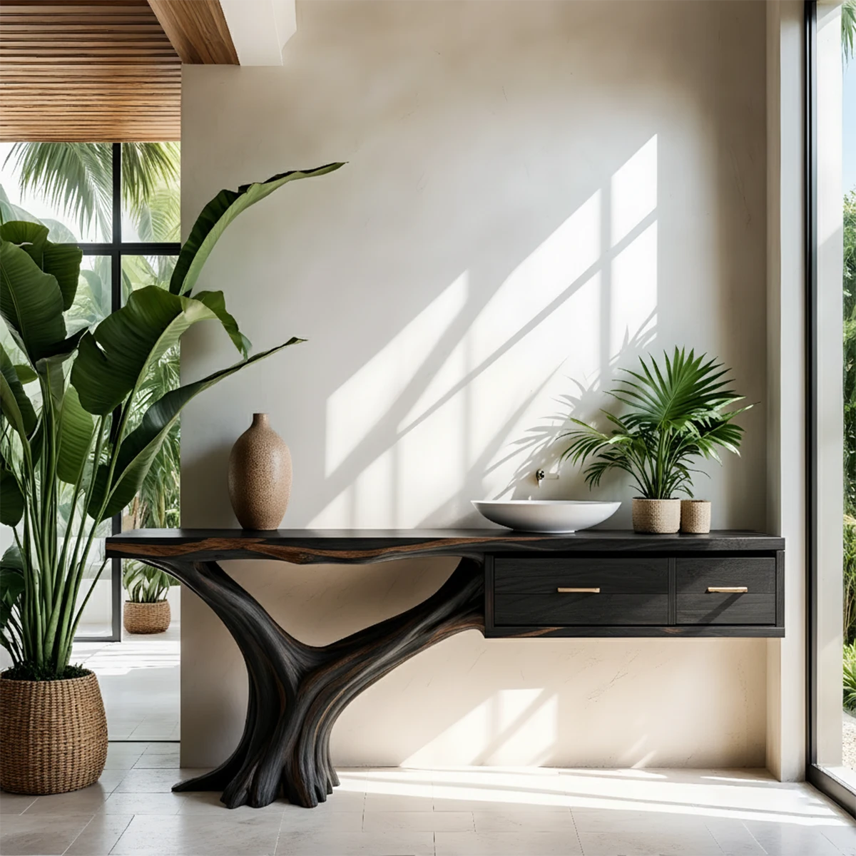 Solid Wood Console Table with Tree-Root Sculptural Base & Dual Drawers - Rustira