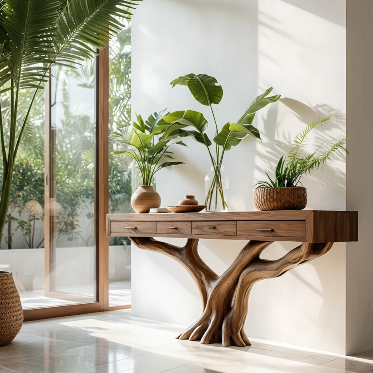 Solid Wood Console Table with Tree-Root Sculptural Base & Storage Drawers - Rustira