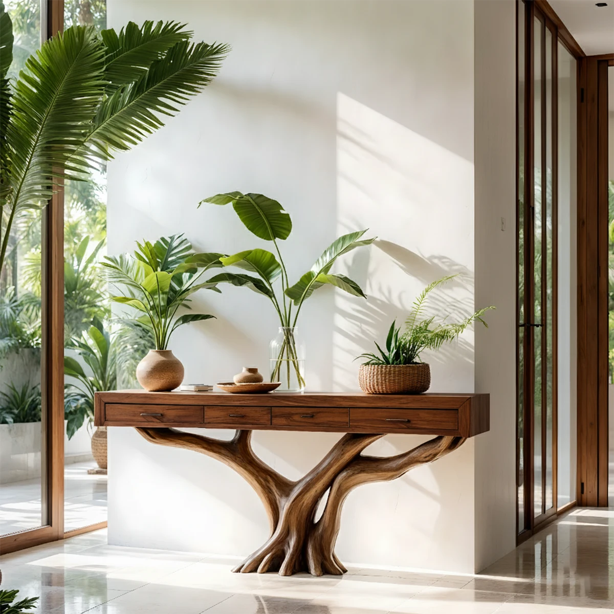 Solid Wood Console Table with Tree-Root Sculptural Base & Storage Drawers - Rustira