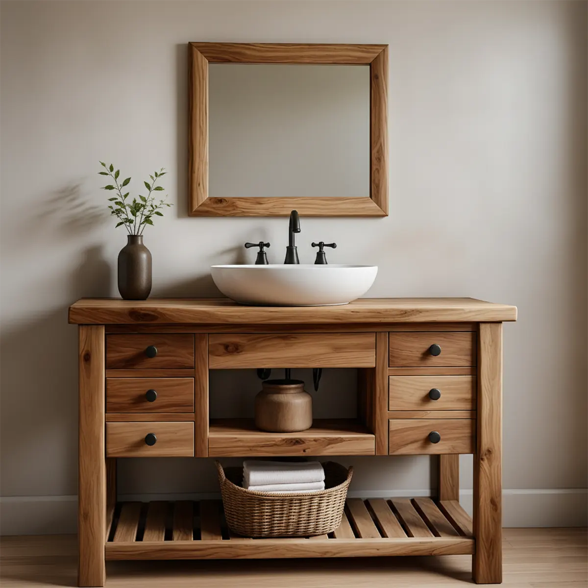 Solid Wood Farmhouse Bathroom Vanity with Drawers & Open Shelf - Rustira