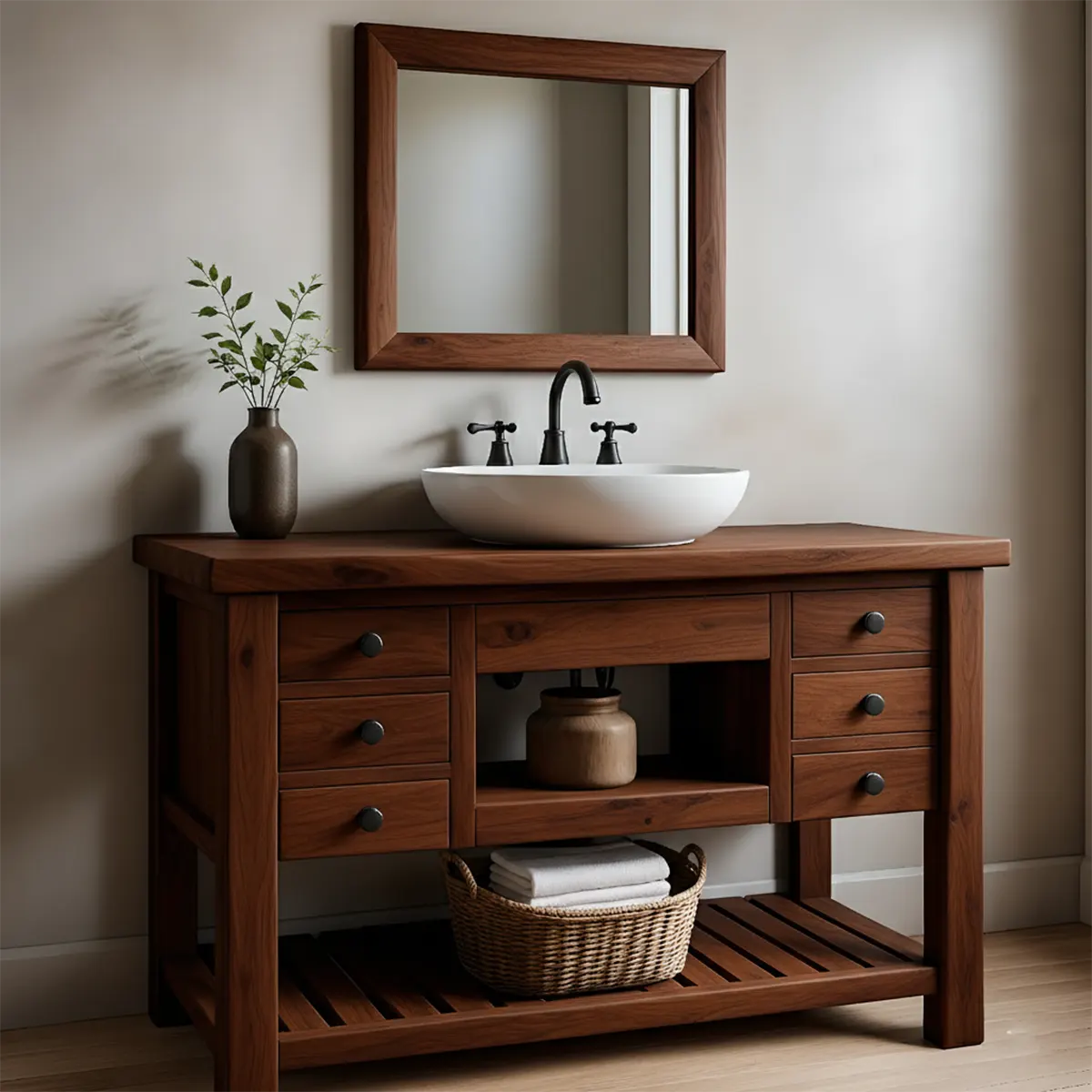 Solid Wood Farmhouse Bathroom Vanity with Drawers & Open Shelf - Rustira