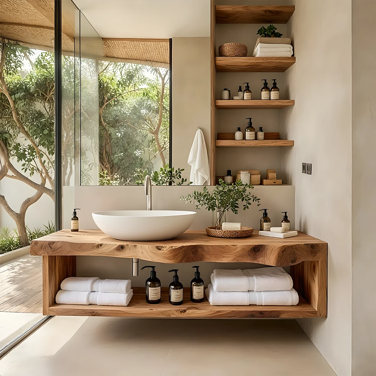 Solid Wood Floating Vanity with Shelf – Japandi Natural Spa Bathroom Console - Rustira