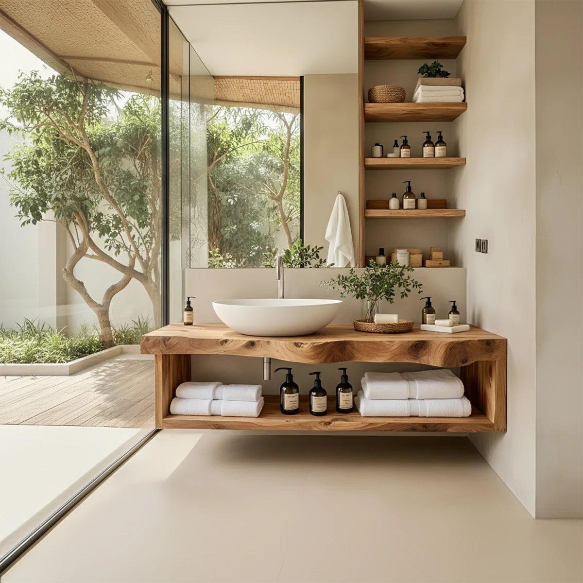 Solid Wood Floating Vanity with Shelf – Japandi Natural Spa Bathroom Console - Rustira