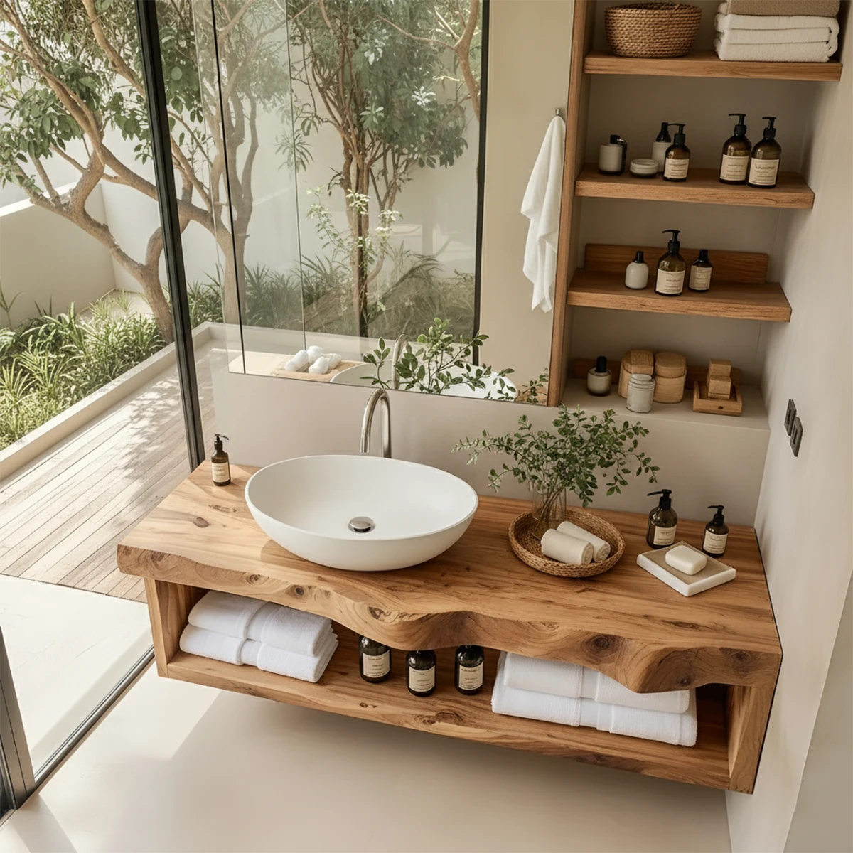 Solid Wood Floating Vanity with Shelf – Japandi Natural Spa Bathroom Console - Rustira