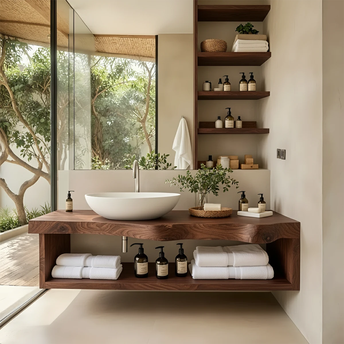 Solid Wood Floating Vanity with Shelf – Japandi Natural Spa Bathroom Console - Rustira