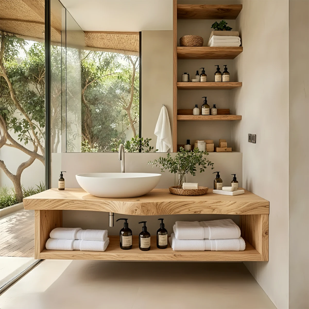 Solid Wood Floating Vanity with Shelf – Japandi Natural Spa Bathroom Console - Rustira