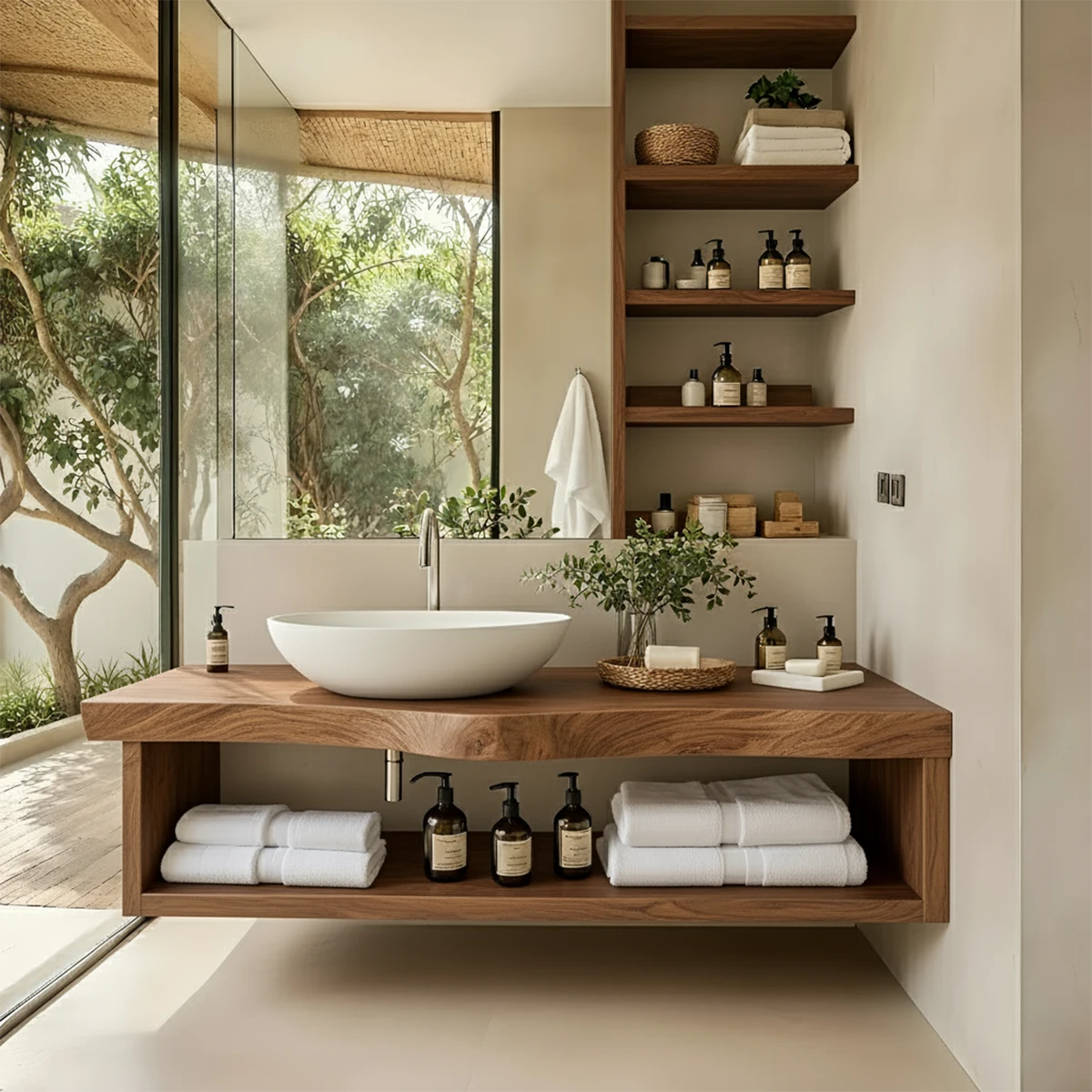 Solid Wood Floating Vanity with Shelf – Japandi Natural Spa Bathroom Console - Rustira