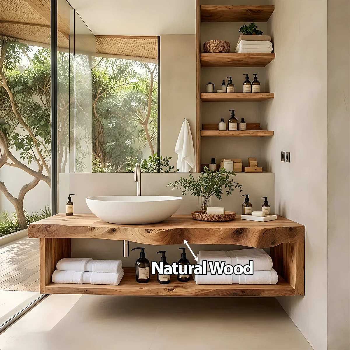 Solid Wood Floating Vanity with Shelf – Japandi Natural Spa Bathroom Console - Rustira