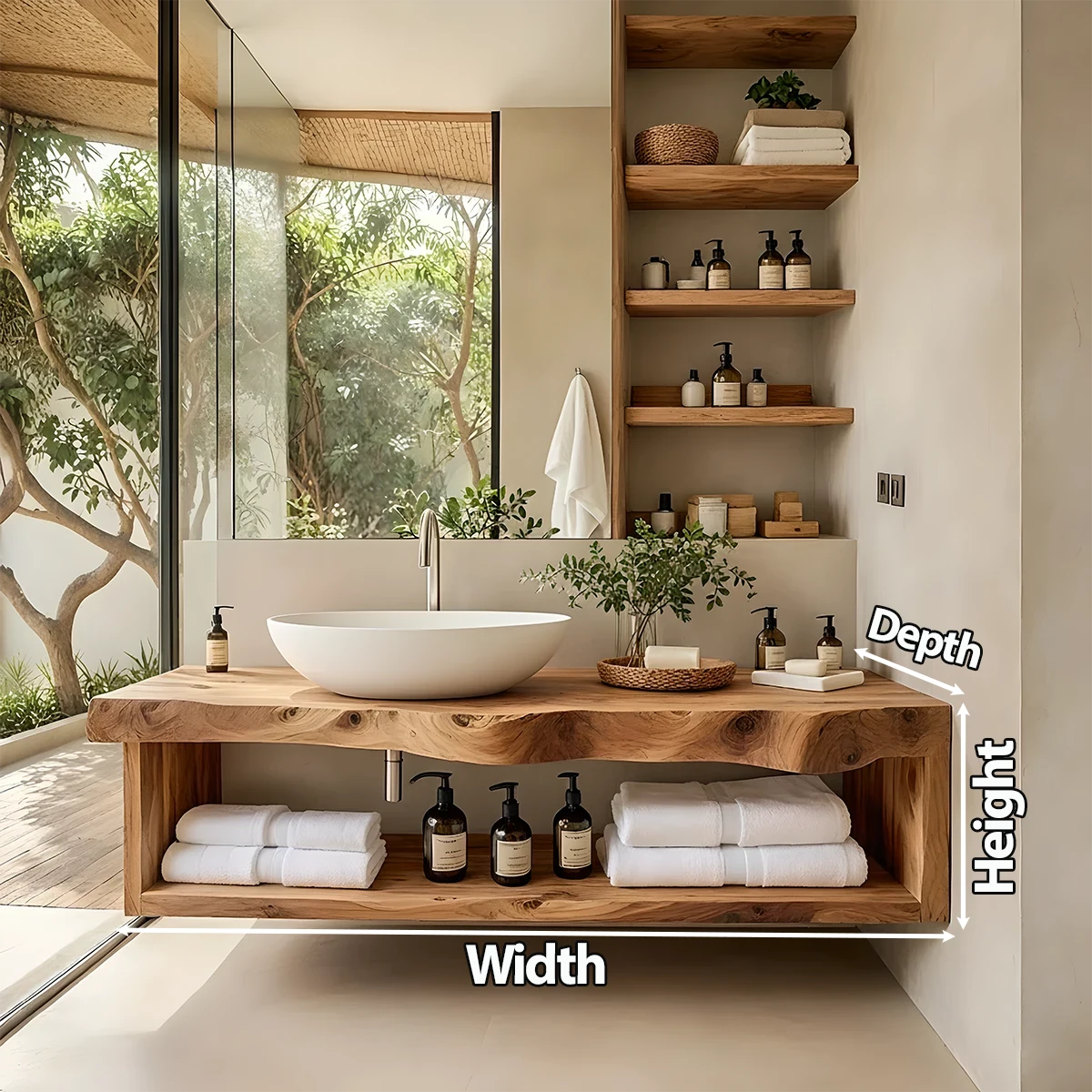 Solid Wood Floating Vanity with Shelf – Japandi Natural Spa Bathroom Console - Rustira