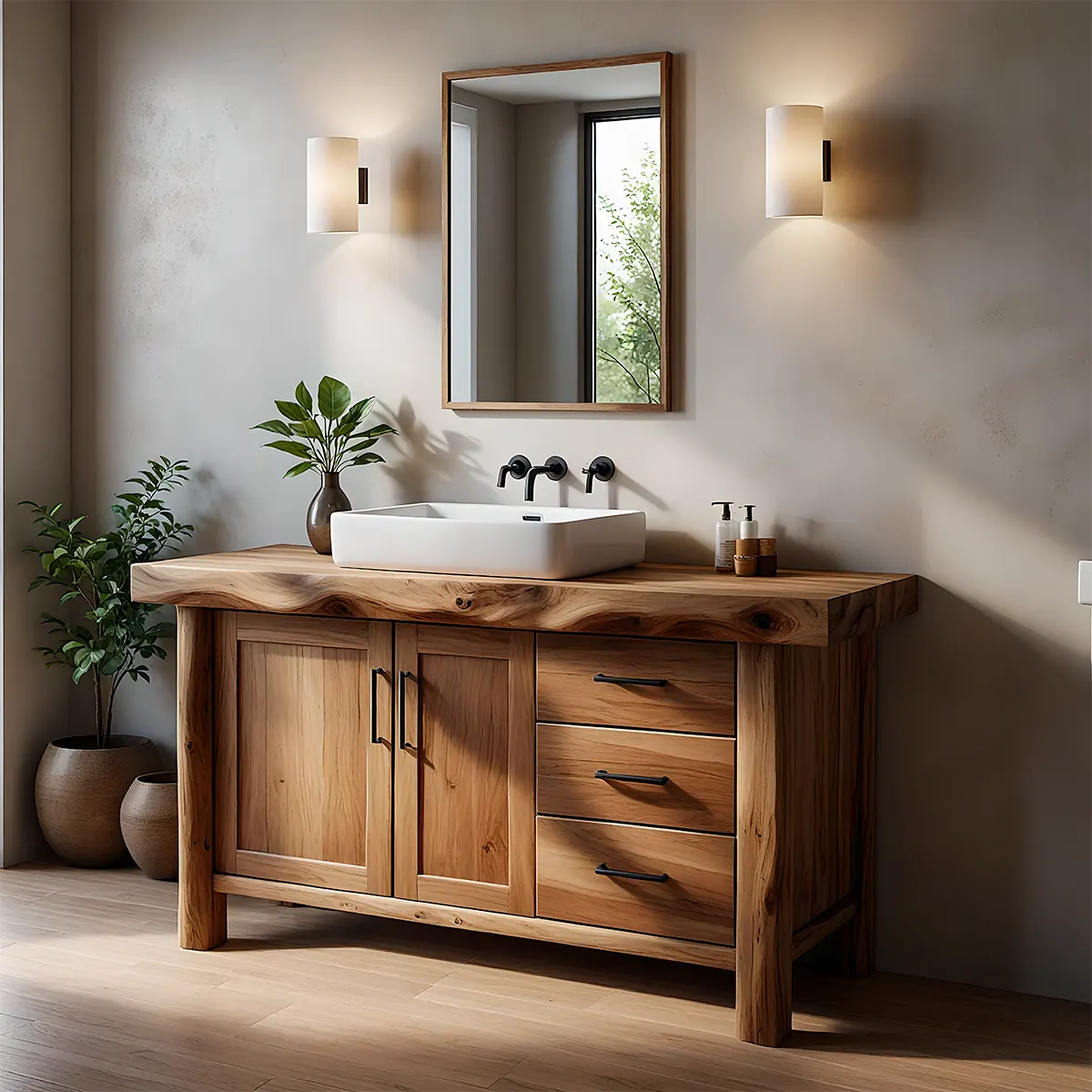 Solid Wood Live Edge Bathroom Vanity with Cabinet & Drawers - Rustira