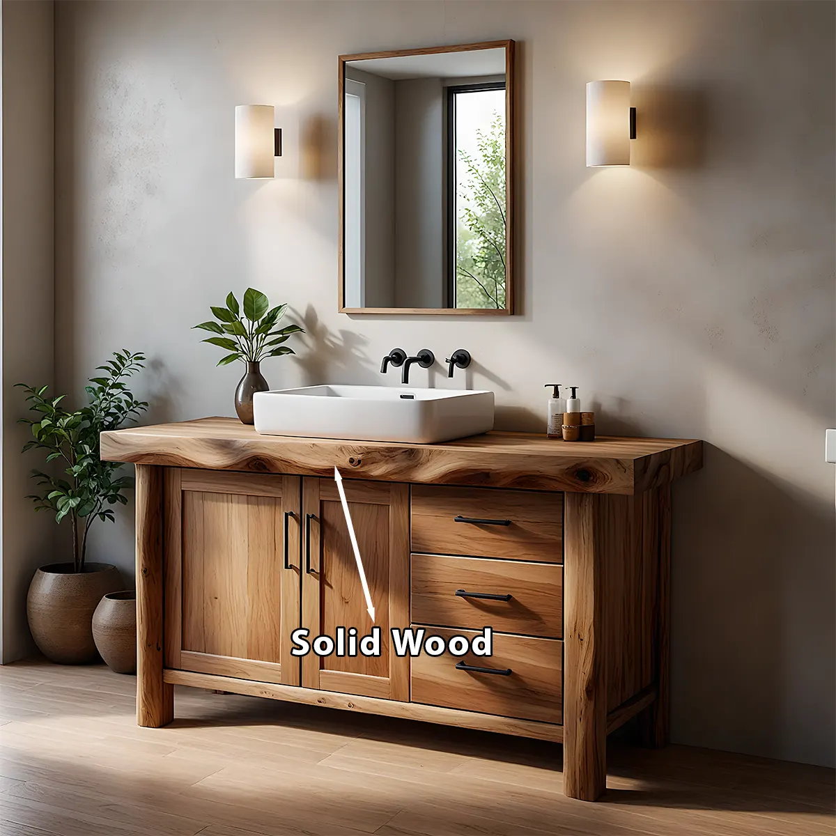 Solid Wood Live Edge Bathroom Vanity with Cabinet & Drawers - Rustira
