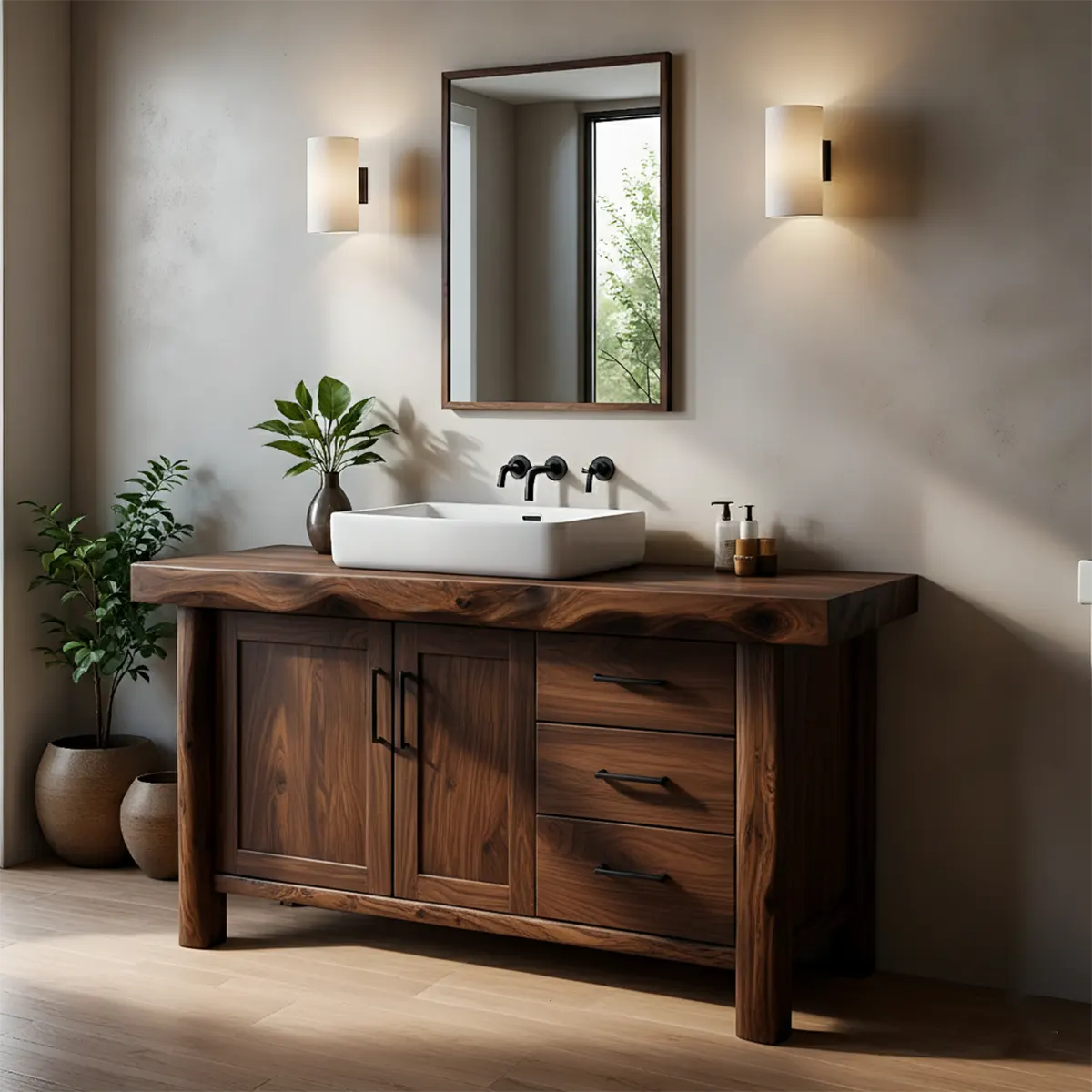 Solid Wood Live Edge Bathroom Vanity with Cabinet & Drawers - Rustira