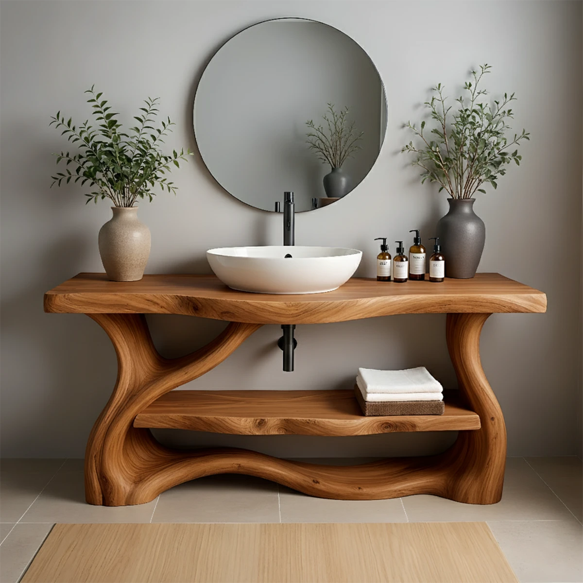 Solid Wood Organic-Flow Bathroom Vanity with Sculpted Base - Rustira